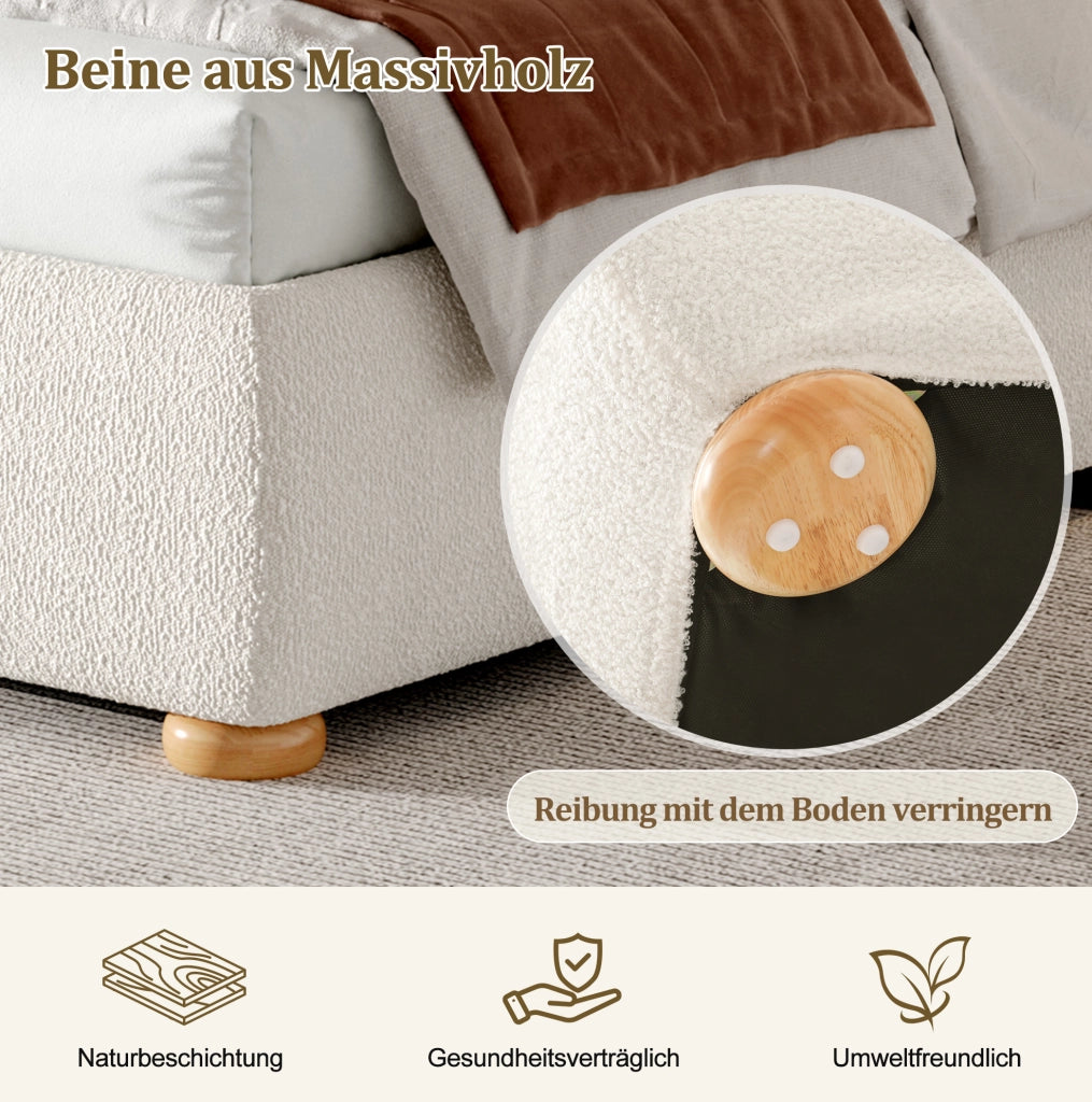 Letto contenitore con rete a doghe in bouclé bianco