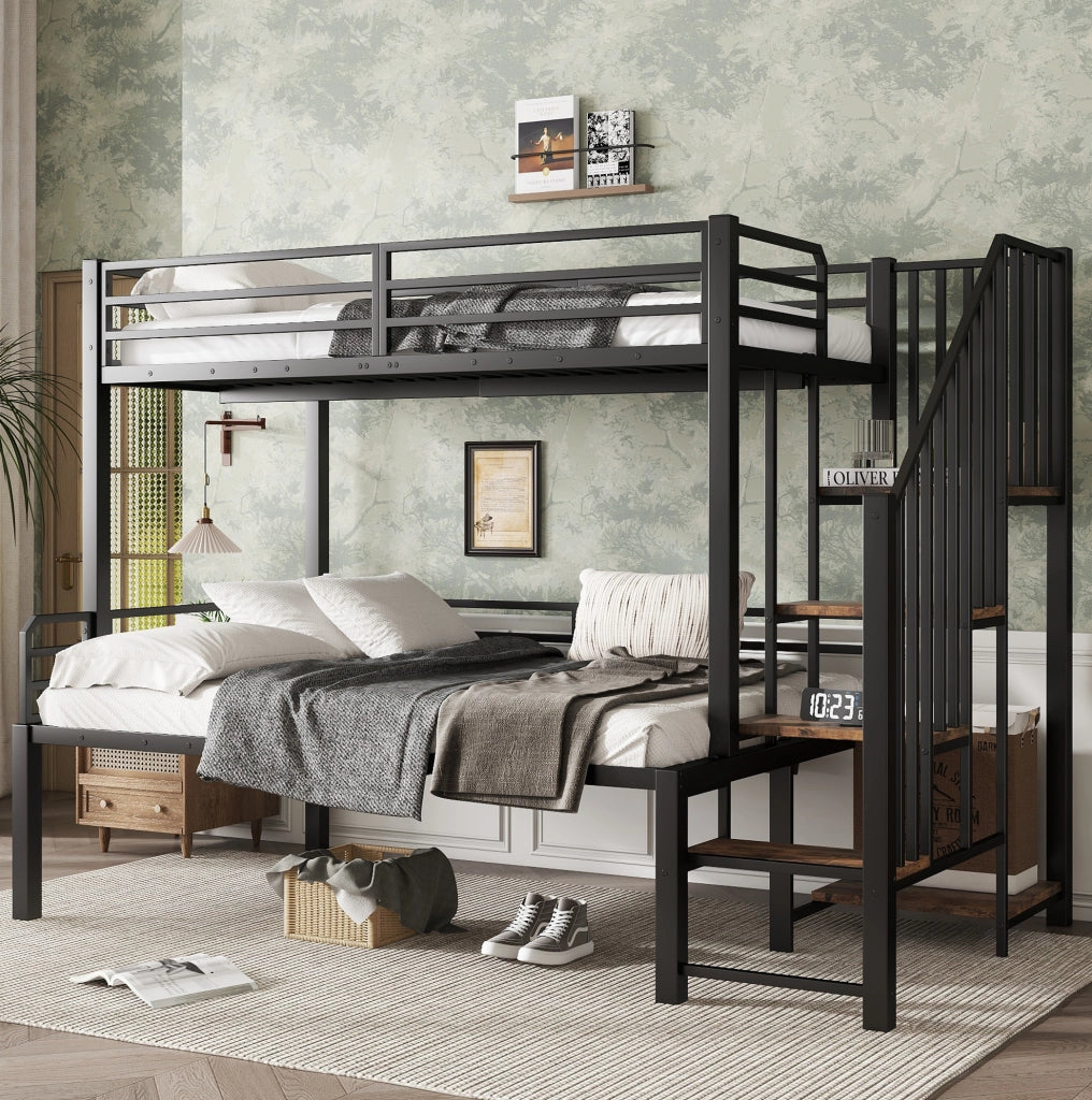 Letto a castello 90x200 cm e 120x200 cm con scala angolare; metallo e MDF nero