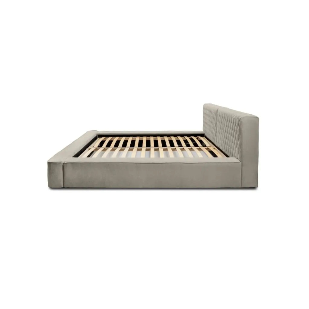 Letto contenitore VERNON – Tessuto bouclé di ciniglia color taupe fumé – 160x200 cm – Rete a doghe sollevabile – Design di alta gamma
