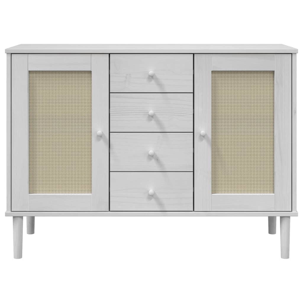 Buffet credenza cassettiera armadio mobile contenitore organizer per cucina soggiorno effetto rattan 112 x 40 x 80 cm legno massello di pino bianco 02_0036223