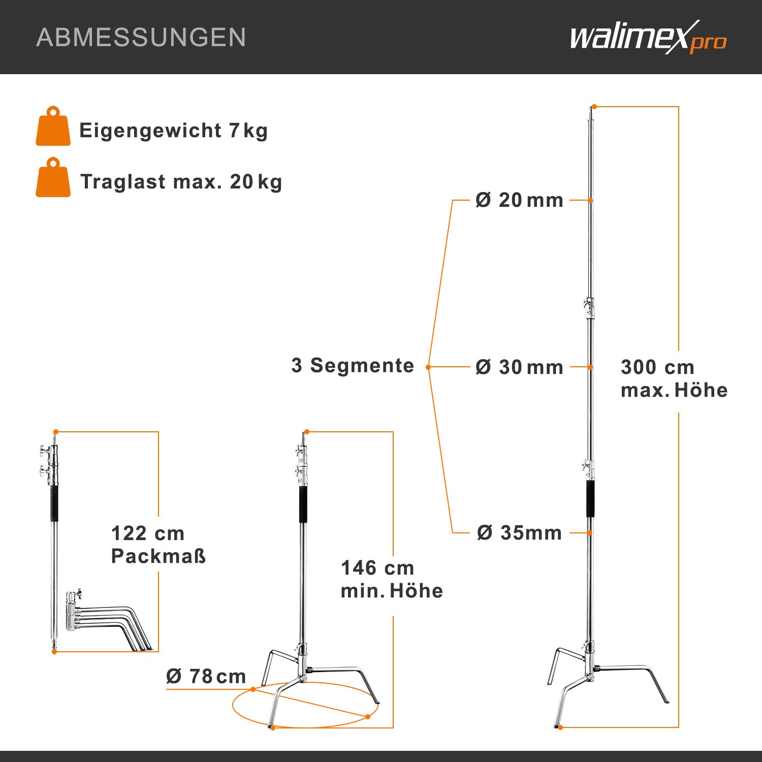 Extreme 20 C-Stand per fotografia, Stativo per luci fotografiche flash da studio 300 cm / 118" 750x750x3000 mm, max 20 kg, con spigot 5/8", Treppiedi fotografico