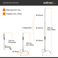 Extreme 20 C-Stand per fotografia, Stativo per luci fotografiche flash da studio 300 cm / 118" 750x750x3000 mm, max 20 kg, con spigot 5/8", Treppiedi fotografico