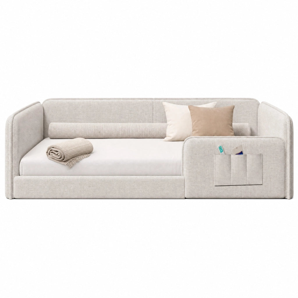 Letto singolo 90x200 cm in lino beige con imbottitura in schiuma e tasche laterali