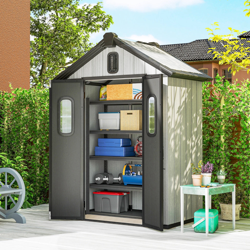 Capanno Giardino in Plastica Grigio con Doppie Porte ¨C Zephmum ¨C 160x98x217 cm