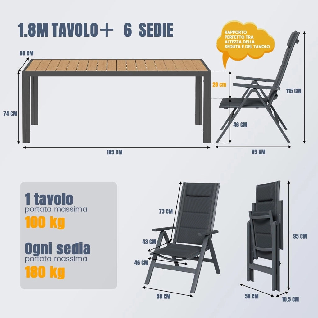 Set Tavolo e Sedie da Giardino 7 Pezzi, Composto da Tavolo 189 cm in Alluminio e 6 Sedie Pieghevoli, Tavolo da Giardino con Finitura a Vena di Legno con Sedie da Terrazza, Balcone, Naturale
