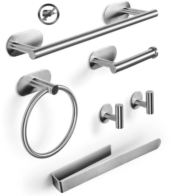 Set da 6 supporti per asciugamani per bagno, 1 supporto per carta igienica, 2 ganci per asciugamani, 2 anelli per asciugamani, accessori da bagno adesivi, kit di fissaggio per bagno, cucina e ufficio (argento)