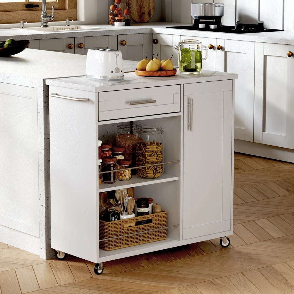 Carrello da Cucina con Piano Effetto Marmo ¨C Xylo ¨C Bianco, Cassetto, Ripiani, 90x62x90 cm