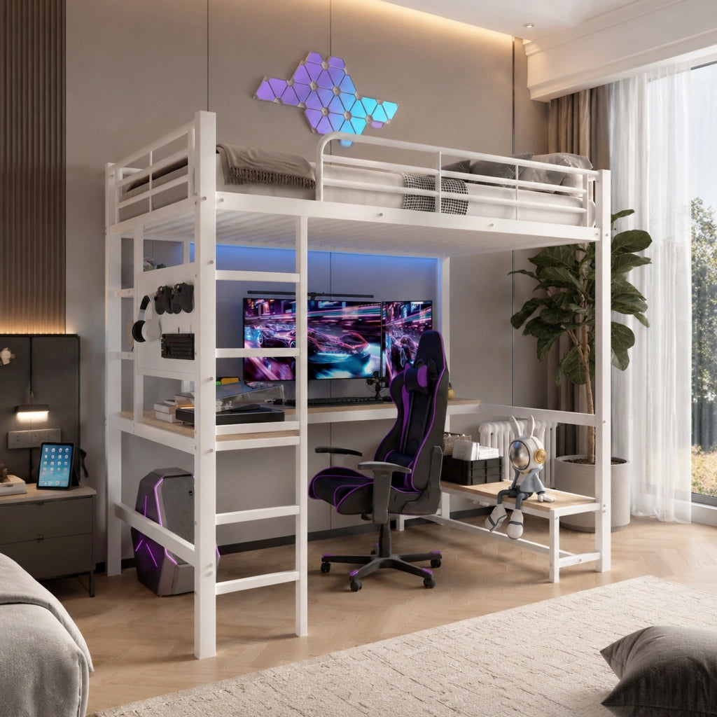 Letto a soppalco 90x200 cm con scrivania, LED e prese USB-C