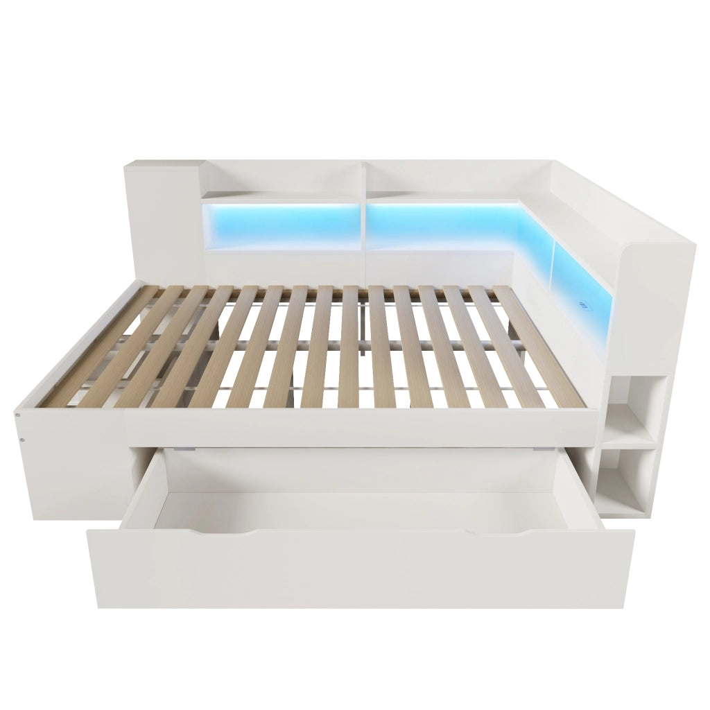Letto a giorno 140x200 cm con LED; USB e Type-C; contenitore e cassetti; bianco