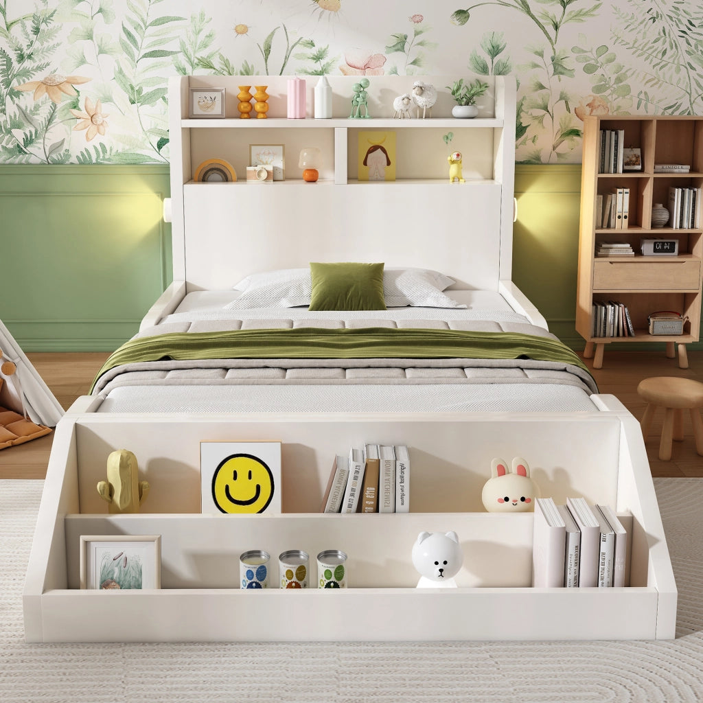LETTO Singolo 90x200 cm Bianco con ripiani, libreria e luci notturne