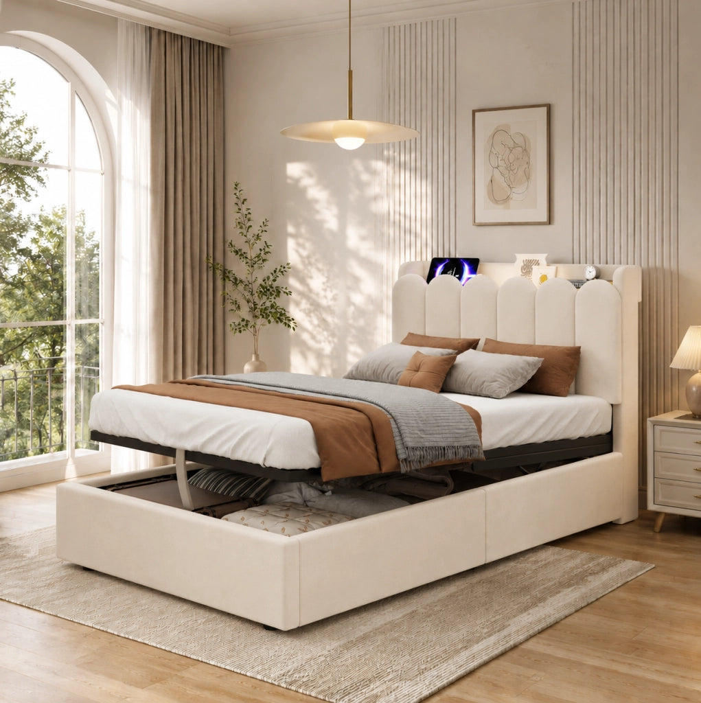 Letto imbottito 90x200 cm con contenitore; prese USB e Type-C; luce notturna in velluto beige