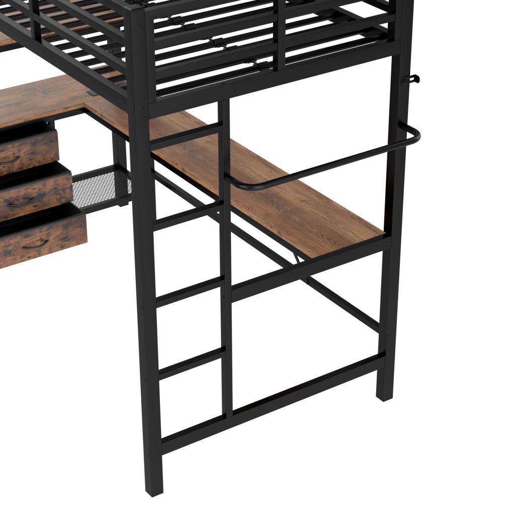 Letto a Soppalco con LED; Scrivania; 3 Cassetti e Ripiani; 90 x 200 cm; senza Materasso; Nero