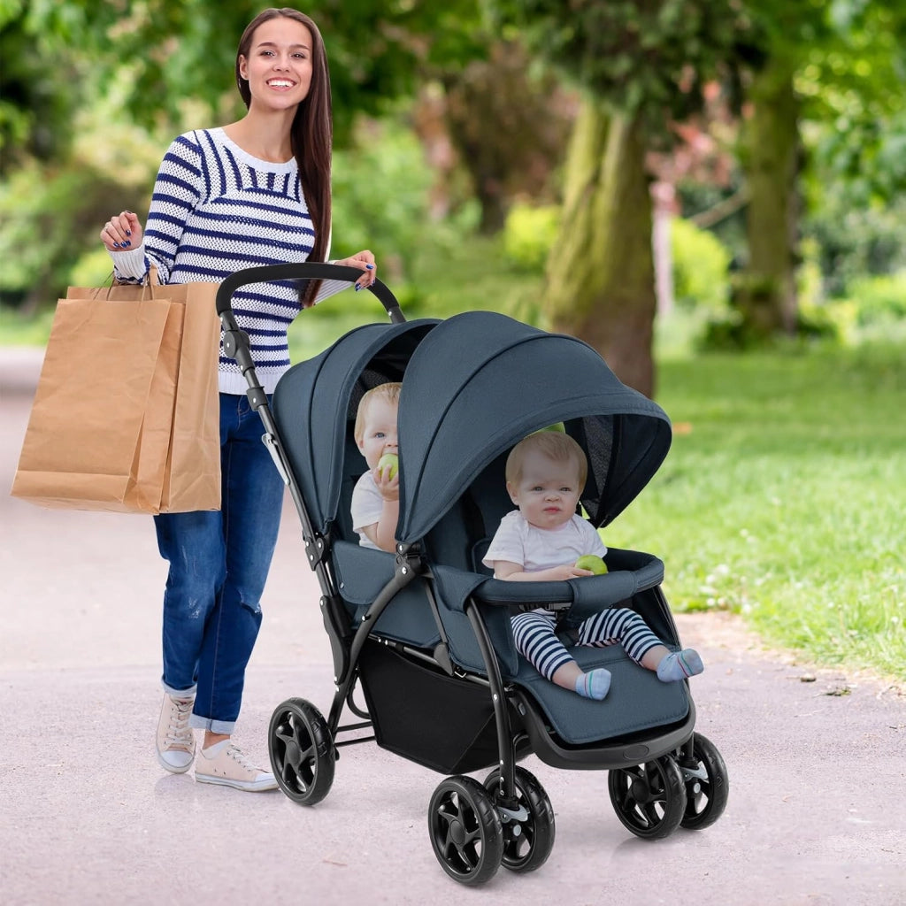 Passeggino Doppio Pieghevole per Bambini, Passeggino Gemellare Pieghevole, con Seduta in Tandem e Tettuccio, Schienale Regolabile, Ruote Bloccabili e Antiurto, per Bambini 0-36 Mesi (Blu)