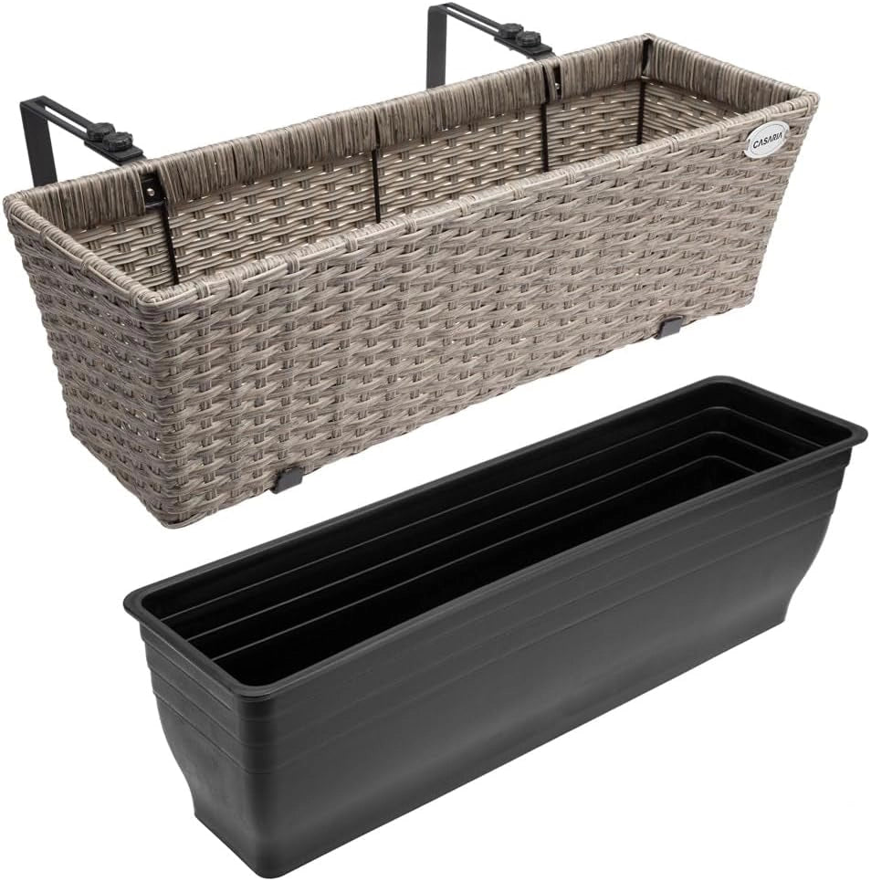 ® 2x Fioriera Balcone 60cm 11L Rattan Supporto Esterno Interno Resistente agli Agenti Atmosferici e ai Raggi UV Rimovibile Ringhiera Vaso Portafiori Rettangolare Fiori Piante Crema