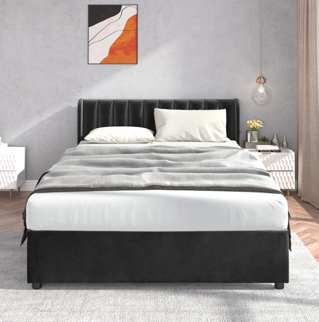 Letto in velluto nero 140x200 cm con 2 cassetti
