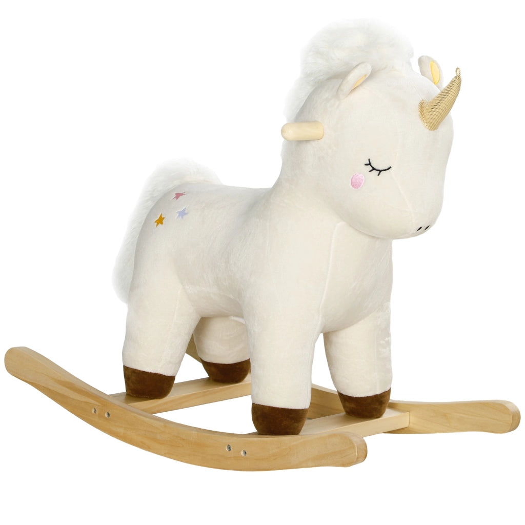 Cavallo a Dondolo per Bambini in Legno e Peluche Unicorno Bianco