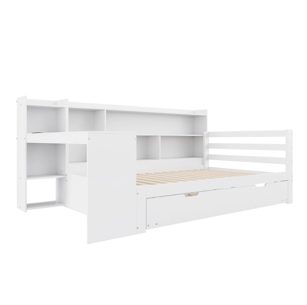 Letto multifunzionale in legno 90x200 cm con letto estraibile, scrivania e scaffali