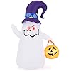 Fantasma Gonfiabile per Halloween 180 cm, con Lanterna di Zucca e Cappello da Mago, Decorazione Gonfiabile per Halloween con Luci LED e Soffiatore Incorporato, per Cortile, Prato e Feste
