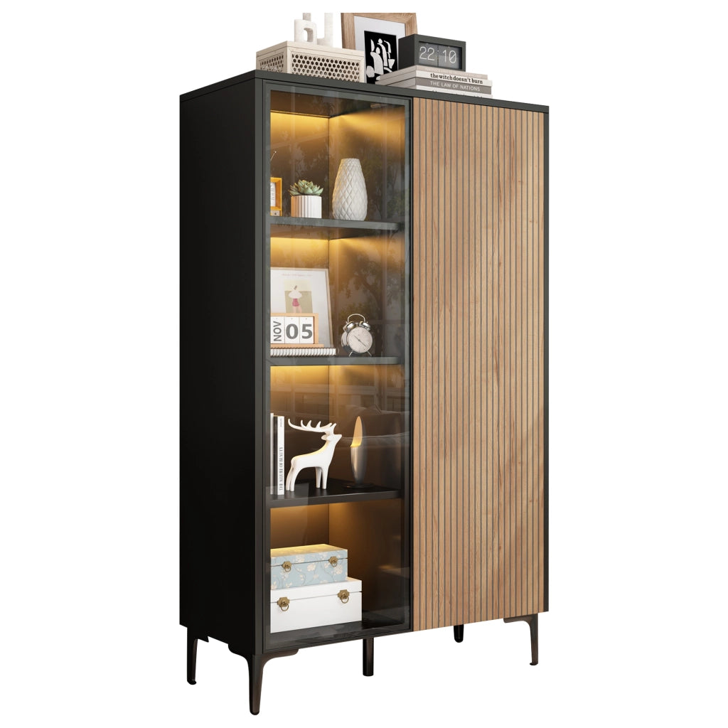 Credenza alta con 2 ante, vetro temperato, MDF, 90×40×135 cm, nero e effetto legno, con LED RGB controllati da app, 8 vani e 2 colli