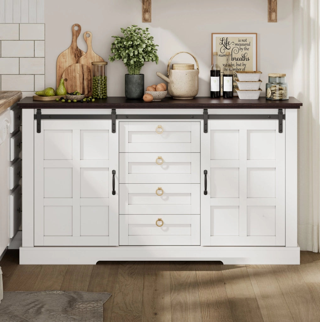 Credenza moderna e rustica 150 x 40 x 85 cm con ante scorrevoli; 4 cassetti; bianca in MDF