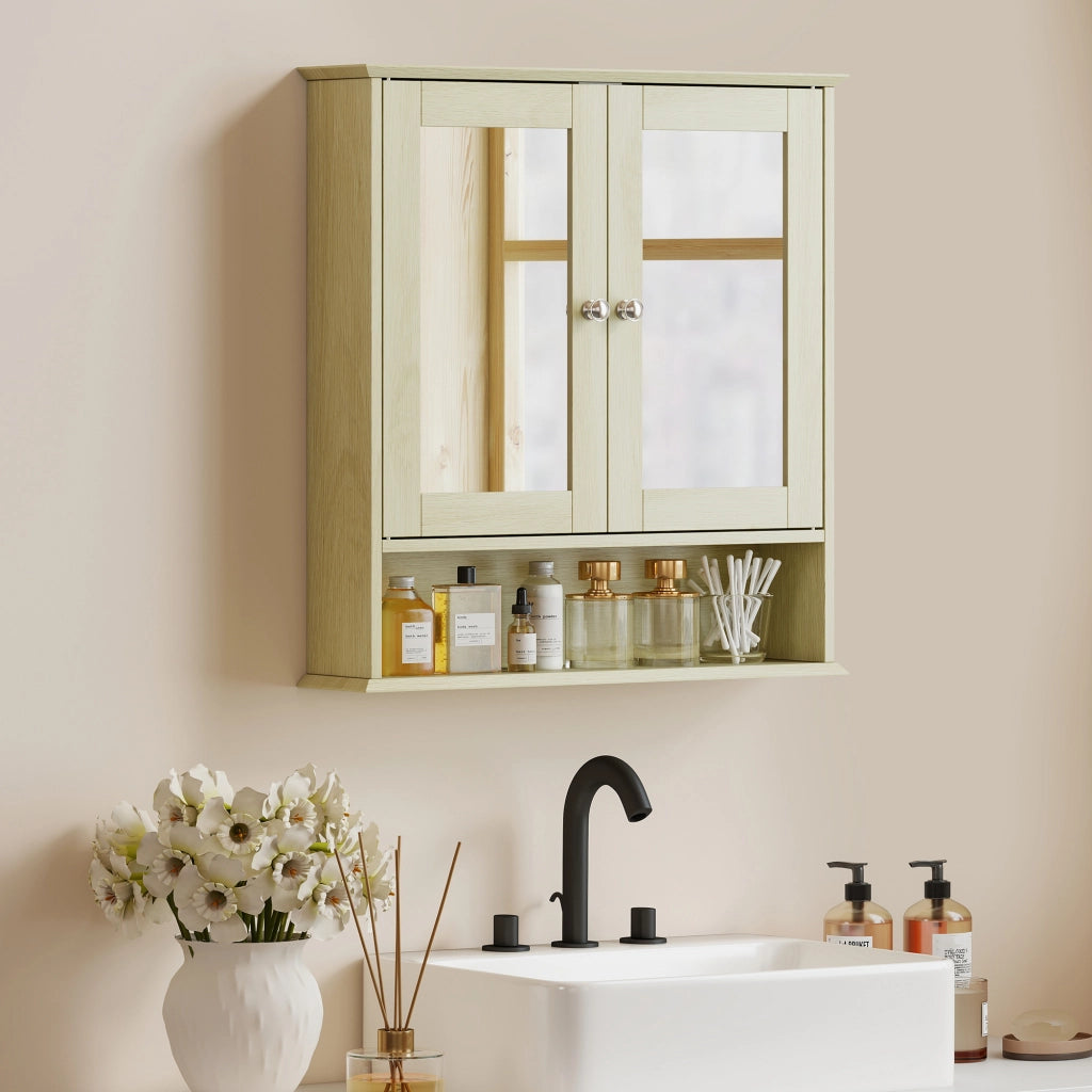 Armadietto Bagno con Specchio e Ripiani ¨C zephmum ¨C Legno Naturale 56x13x58cm