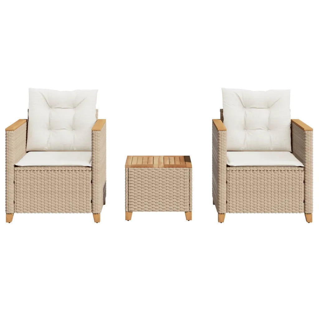 Set da BistrÃ² 3 pz con Cuscini Beige Polyrattan e Legno Acacia