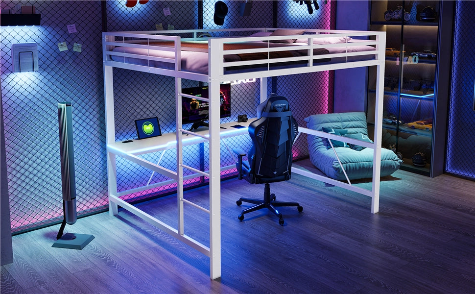 Letto a soppalco 160 × 200 cm con scrivania, illuminazione LED e protezioni rialzate, senza materasso, bianco