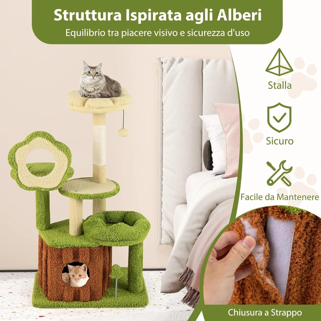 Albero per Gatti, Albero Tiragraffi per Gatto con Condominio Tronco, Trespolo a Fiore, Letto Morbido, Pompon, Giocattolo a Molla e Piattaforme, Tiragrafffi per Gatti da Interno