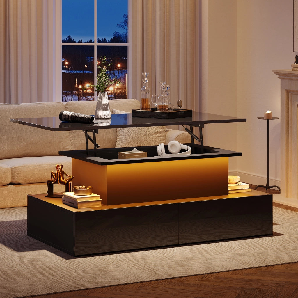 Tavolino da caffè alzabile con 4 Cassetti e LED; piano scorrevole; per soggiorno; in truciolato; 90 × 55 × 41 cm; Nero