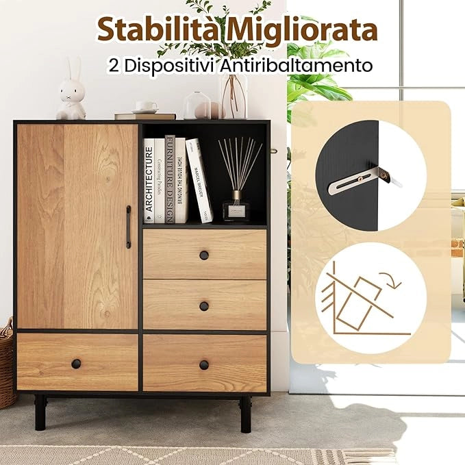 Credenza a Buffet, Armadietto da Cucina con 4 Cassetti, Scomparto Aperto e Gambe in Metallo, per Sala da Pranzo, Soggiorno, Ingresso, 80 x 45,5 x 97,5 cm (Nero)