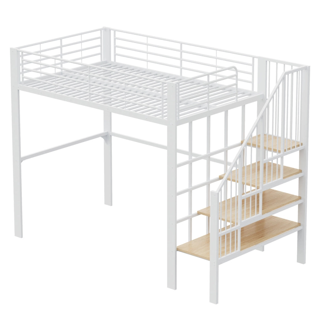 Letto a soppalco 140x200 cm in metallo bianco con scala