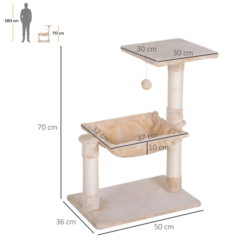 Albero tiragraffi per gatti con amaca in peluche, piattaforma e pali in sisal, beige, 50 x 36 x 70 cm
