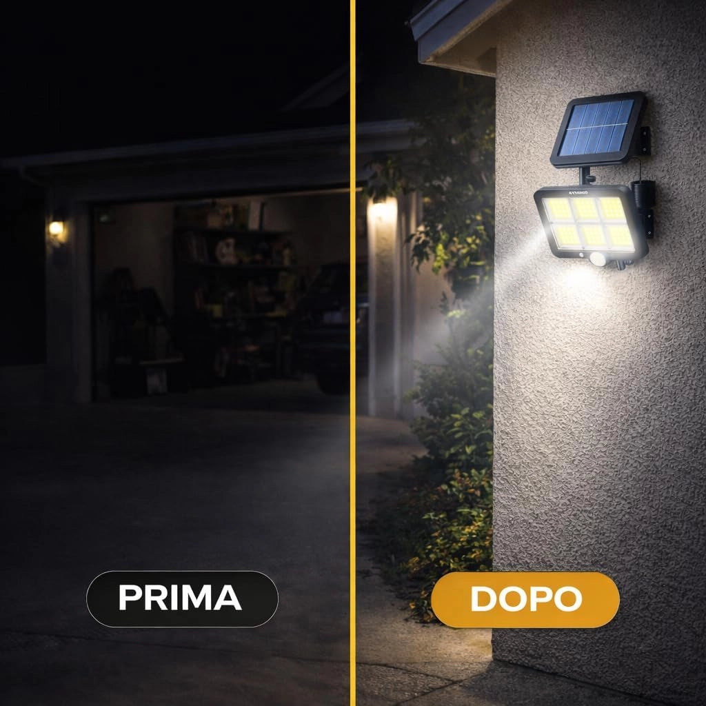 Faretti Solari LED da Esterno (2 Pezzi), 100 LED COB con Sensore di Movimento e Crepuscolare, Luce Solare Potente con Pannello Solare, Impermeabili IP65, Lampade Solari da Parete per Giardino, Garage.