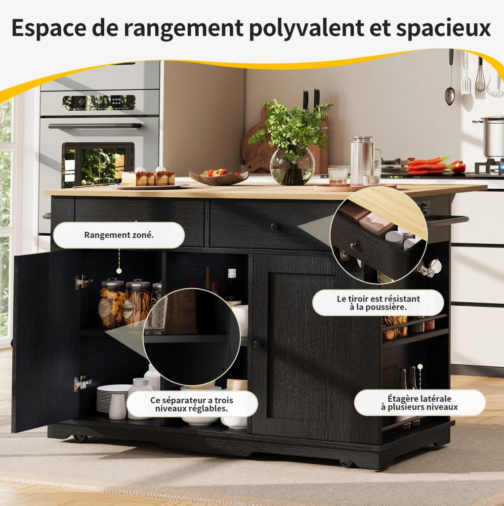 Isola da cucina pieghevole con prese; 2 cassetti e 6 vani; MDF e metallo; nero/naturale