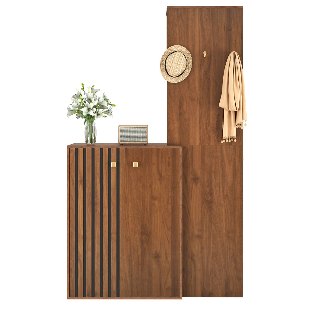 Guardaroba compatto 115x38.5x191.5 cm con scarpiera e ripiani regolabili in MDF noce