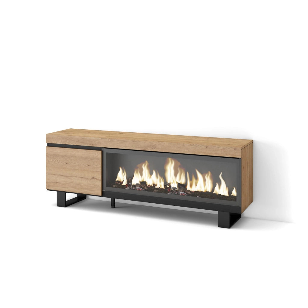 Mobile TV Soggiorno, 158x35x57cm, Per TV fino a 65", Camino elettrico XXL, Design industriale, colore Rovere RF3252