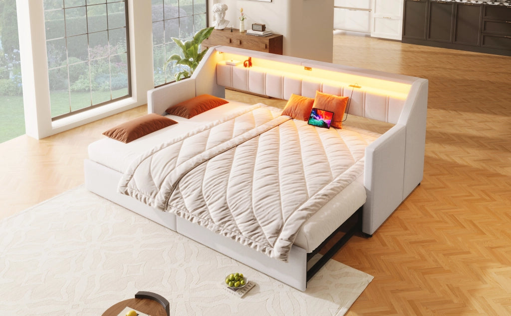DESMIU Divano letto 90 × 200 cm 1 posto con USB, Type-C, LED, 2 cassetti e tasche, senza materasso, beige