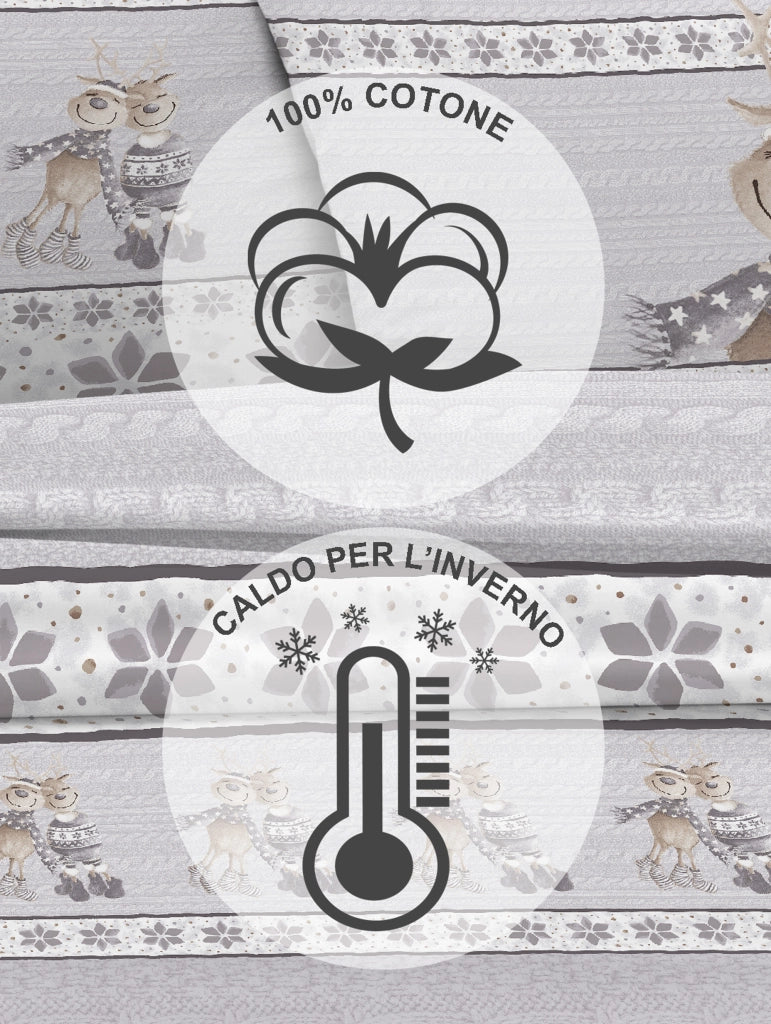 Completo Letto in Flanella Calda e Morbida Anti Pilling - Set Flanellato 3 Misure parure con Federe - Renne grigio - 2 Piazze
