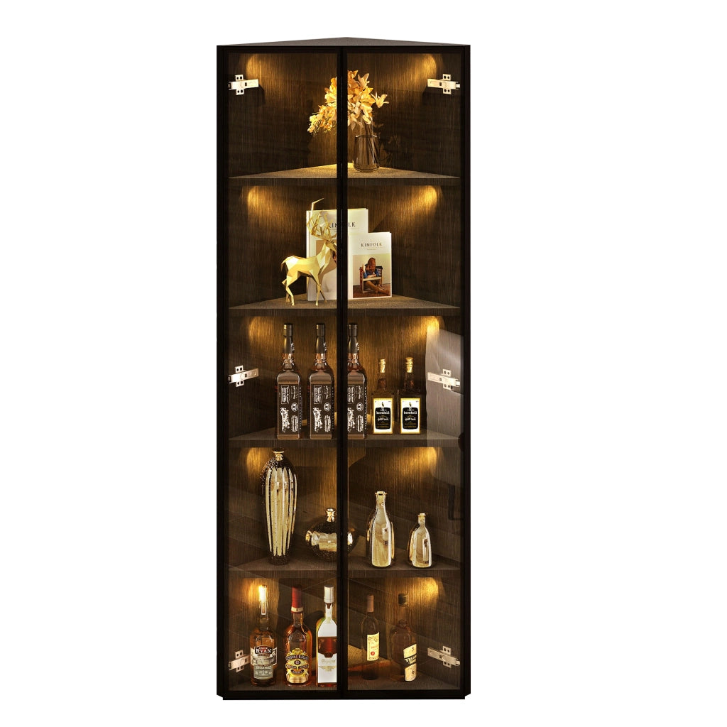 Vetrina angolare LED in vetro 62 x 35 x 160 cm, nera, con ante soft-close e struttura in MDF e vetro temperato