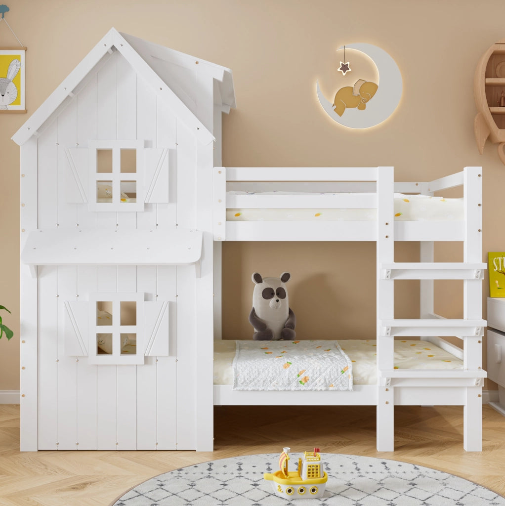 Letto a castello 90x200 cm con finestre e tetto; scala; in legno e MDF bianco
