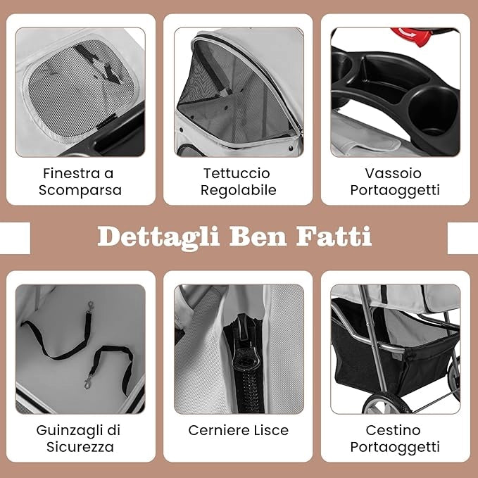 Passeggino per Cani Piccoli Pieghevole, Fino a 15 kg, Ruote 360° con Freni, Cuscino, Porta Doppio, Finestre, Cestino, Portabicchieri, Carrozzina Portatile (Grigio)