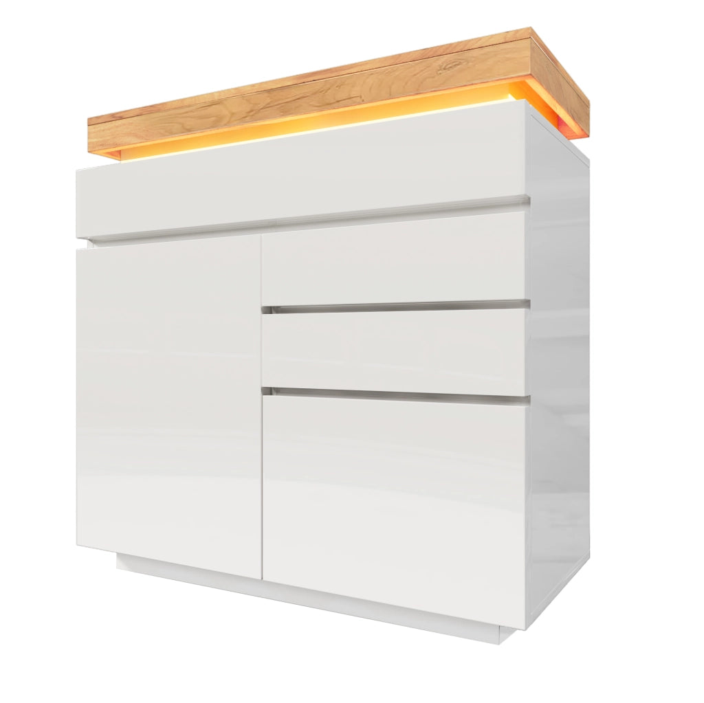 Credenza lucida con LED e ripiani regolabili; 110x39x115 cm; bianca