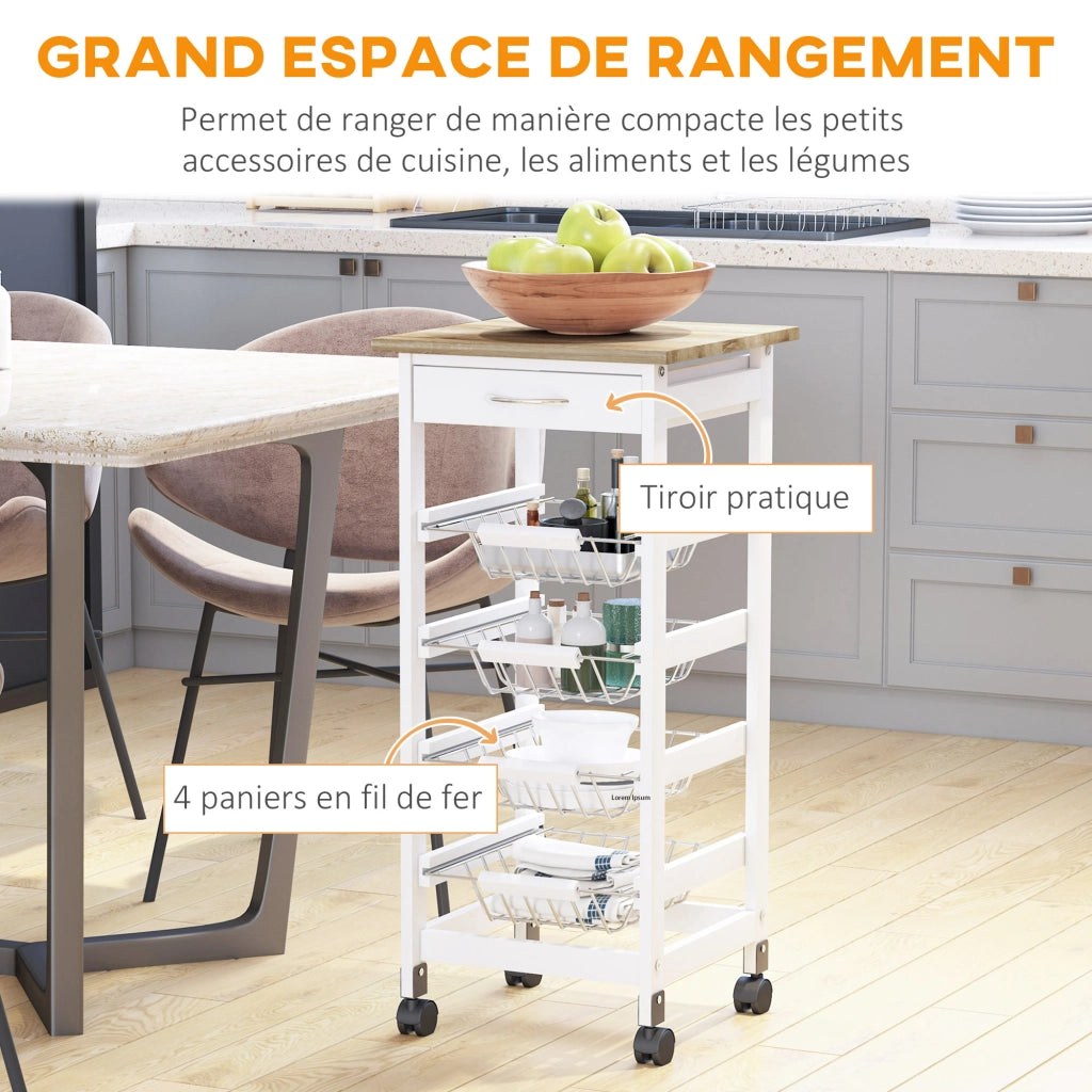Carrello da cucina con ruote 4 ripiani ¨C Xylo ¨C metallo bianco con cassetto in legno di pino 37x37x82cm
