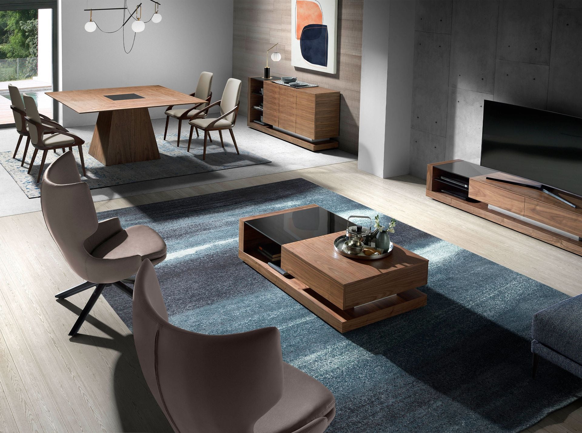 Credenza noce, acciaio spazzolato e piano in vetro nero