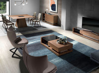 Credenza noce, acciaio spazzolato e piano in vetro nero