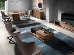 Credenza noce, acciaio spazzolato e piano in vetro nero