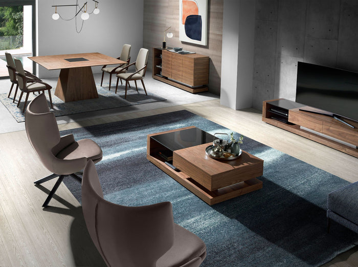 Credenza noce, acciaio spazzolato e piano in vetro nero