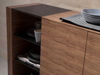 Credenza noce, acciaio spazzolato e piano in vetro nero