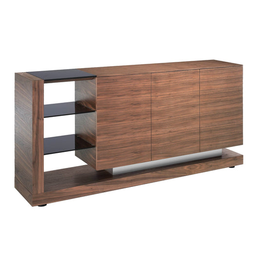 Credenza noce, acciaio spazzolato e piano in vetro nero