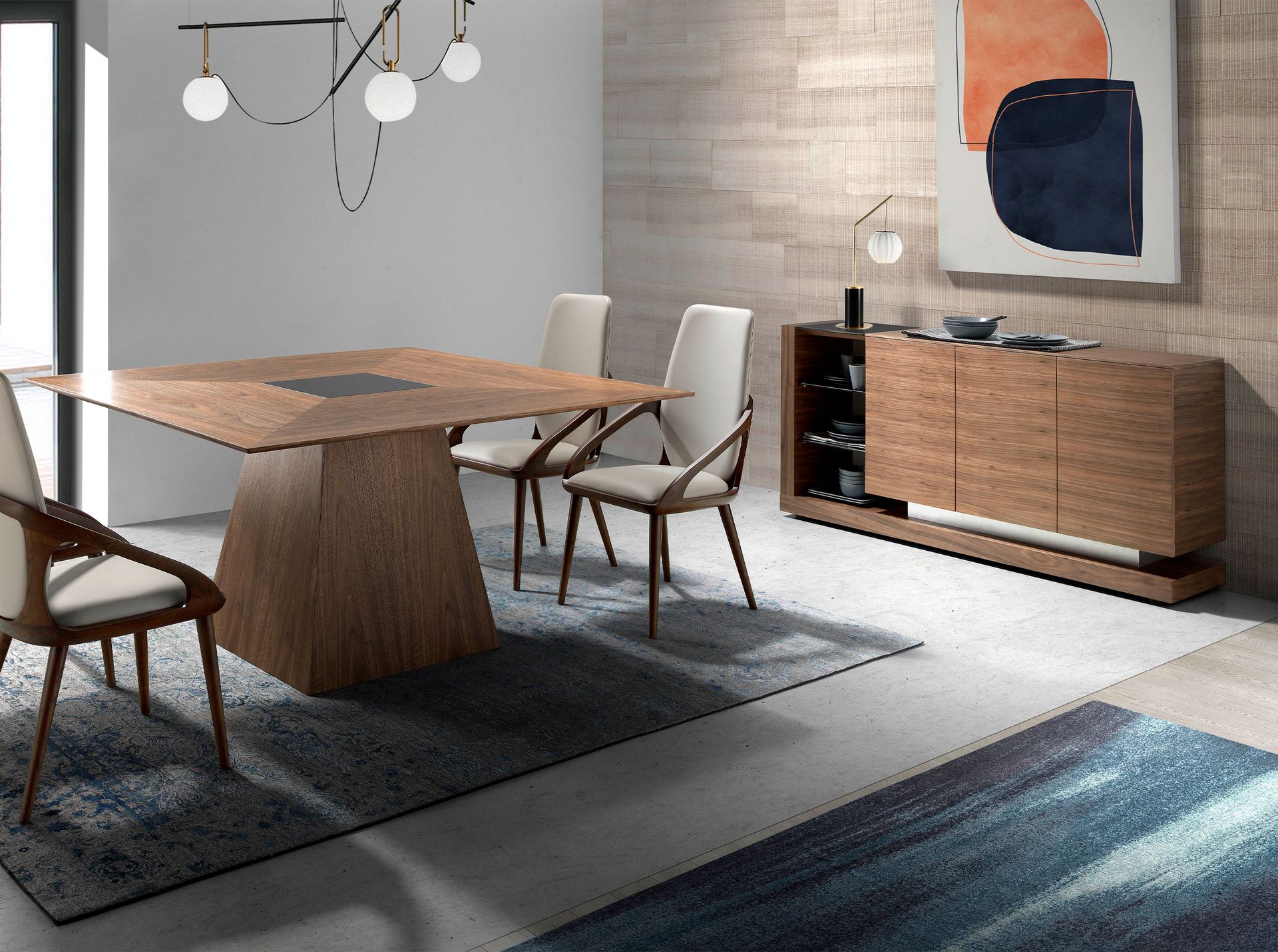 Credenza noce, acciaio spazzolato e piano in vetro nero